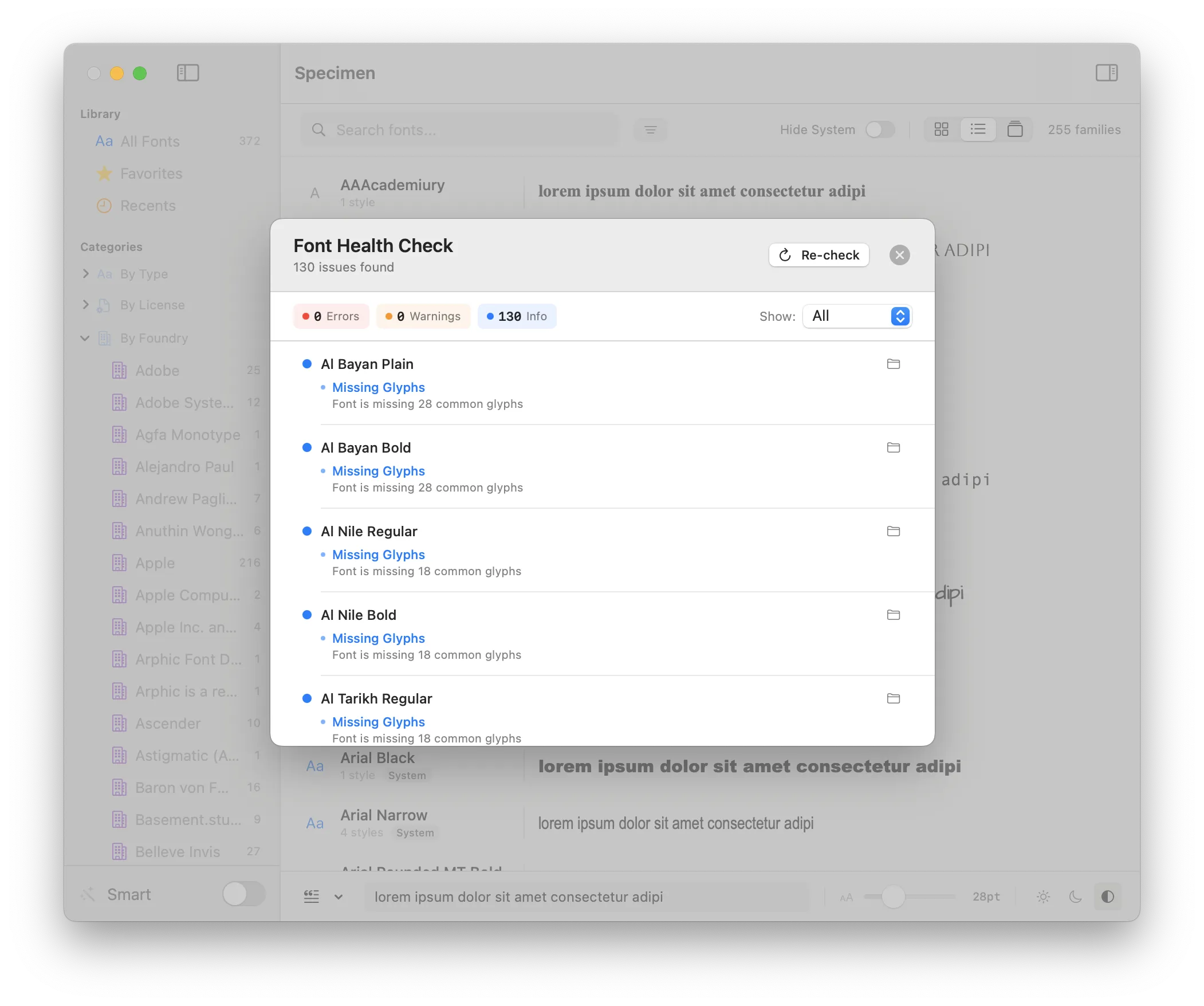 Font health check screenshot