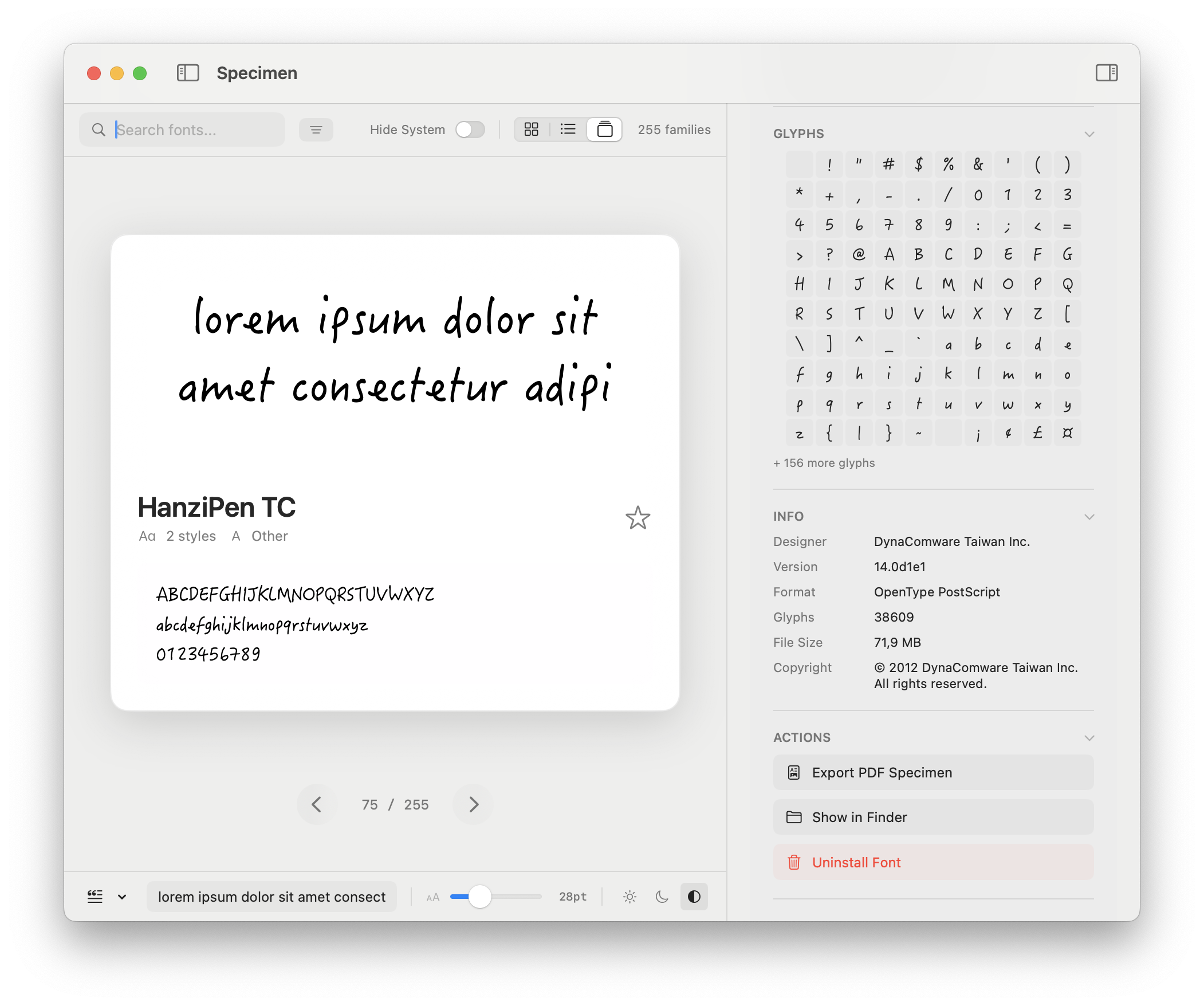 Font details and glyph map screenshot