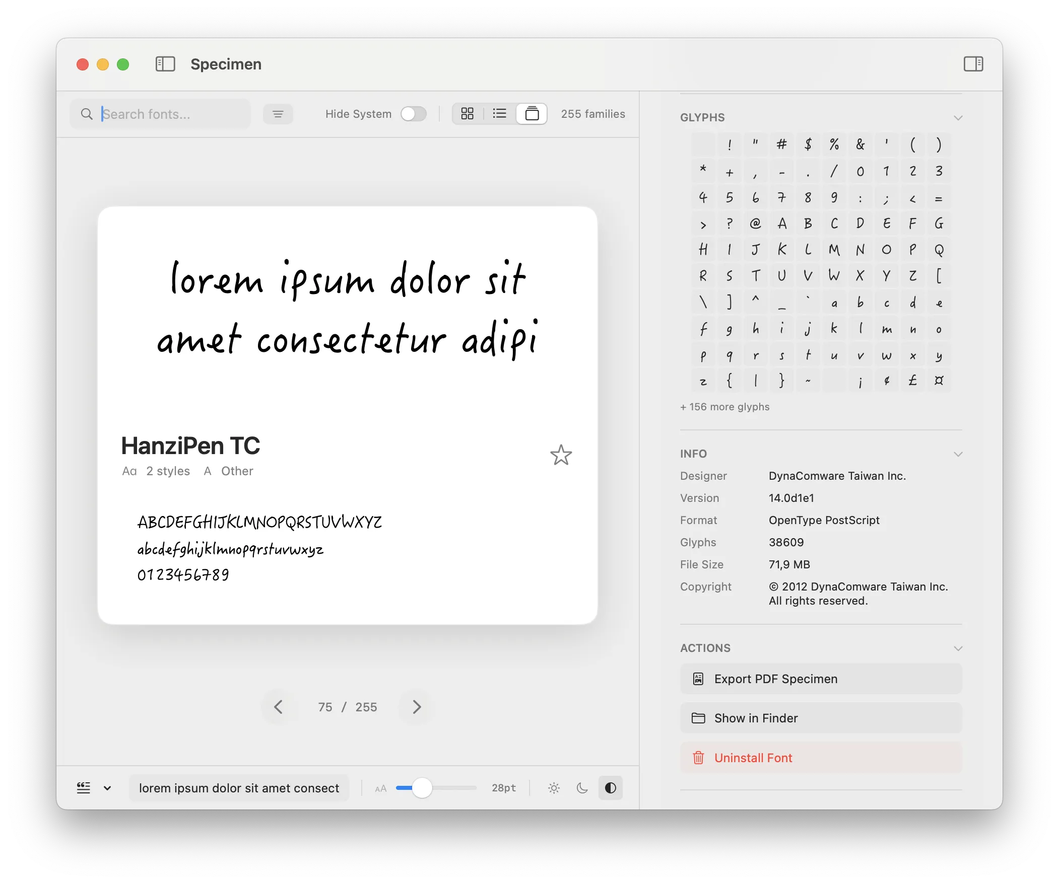 Font details and glyph map screenshot